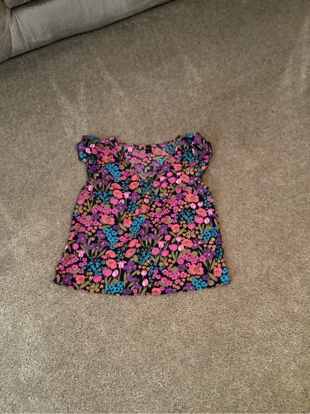 Girls Floral Flutter Sleeve Blouse - Black with Pink & Purple Flowers